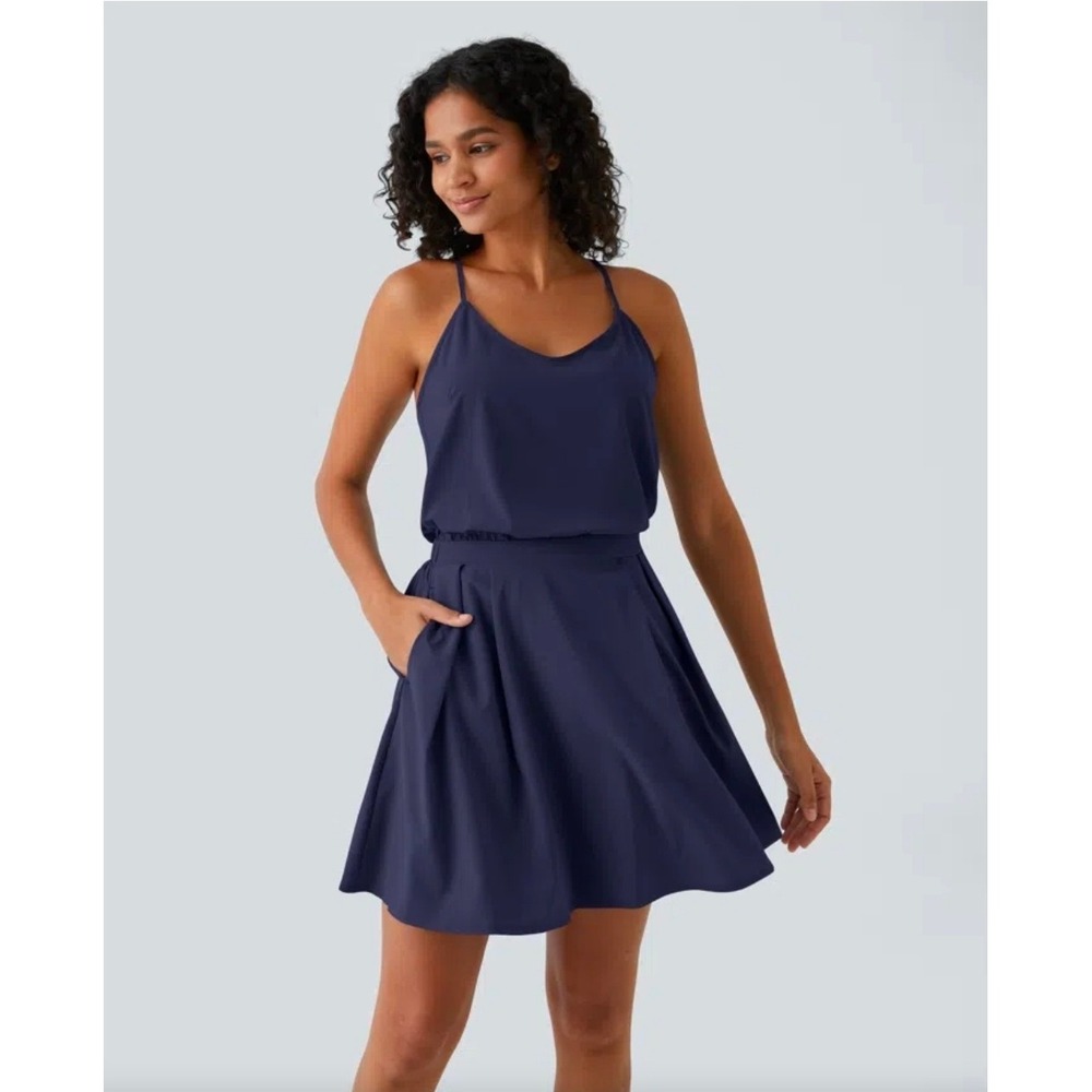 Halara Breezeful Cut Out Pocket Pleated Mini Quick Dry Dress Patriot Blue L NWT
